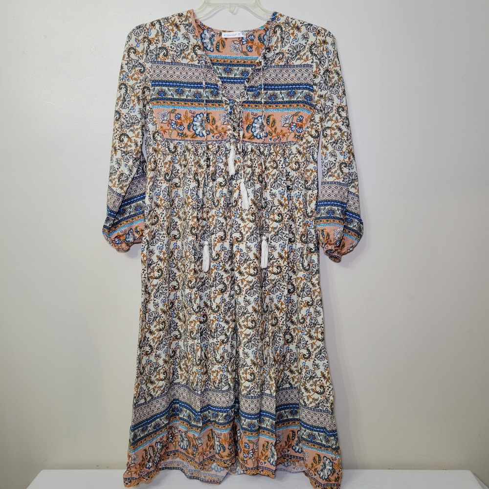 Zanzea Boho Floral Print‎ Midi Dress Long Sleeve Tie Front Tassel Peach Sm